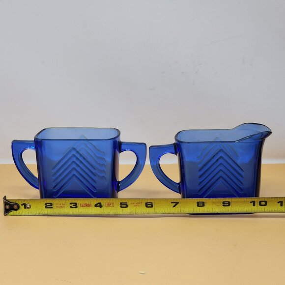 Vintage Cobalt Blue Glass Creamer & Sugar Set With Chevron Pattern - Picture 10 of 12